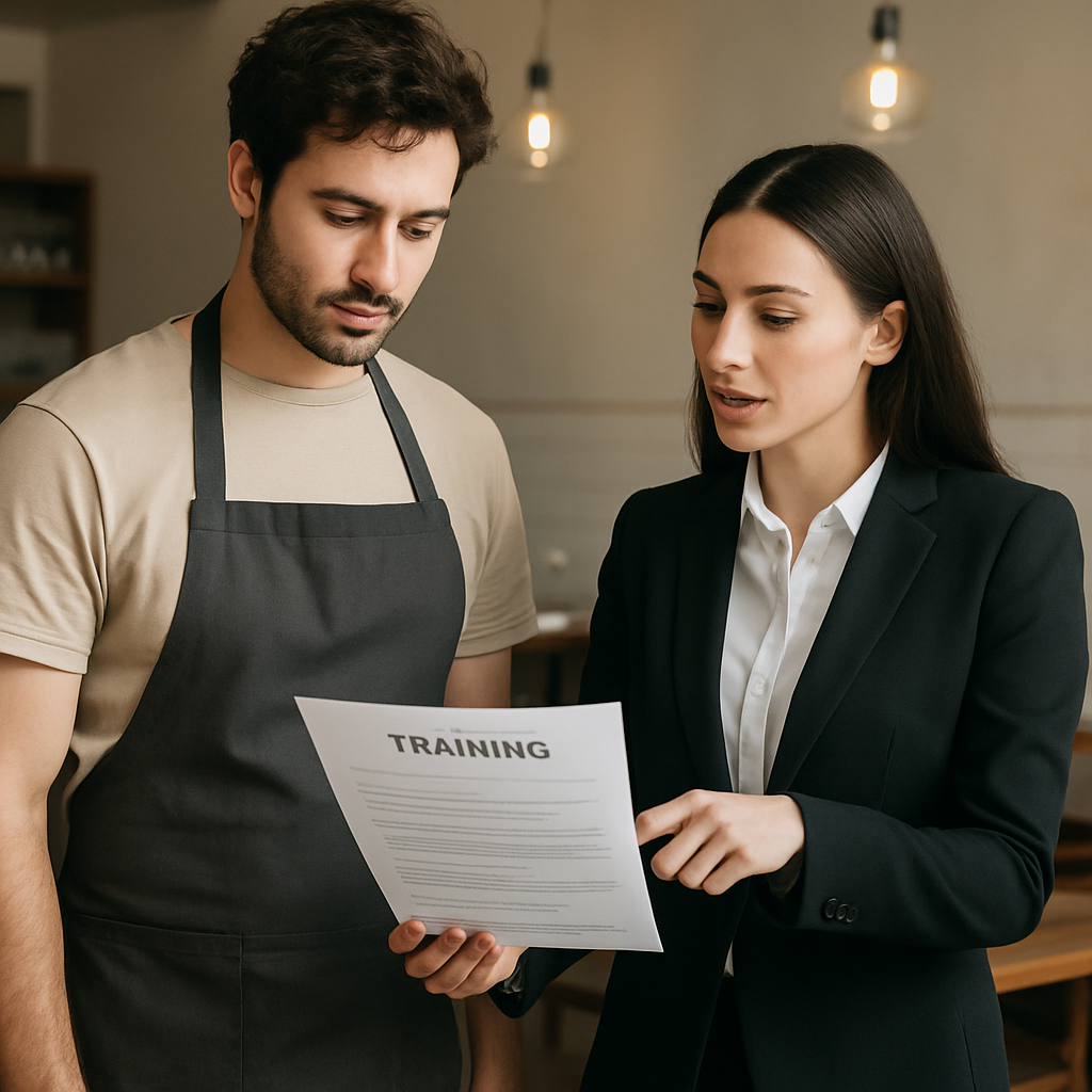 photographic Create a vertical training scene in a restaurant environment Show a woman manager in professional attire standing on the right side point photographic Create a vertical training scene in a restaurant environment Show a woman manager in professional attire standing on the right side point
