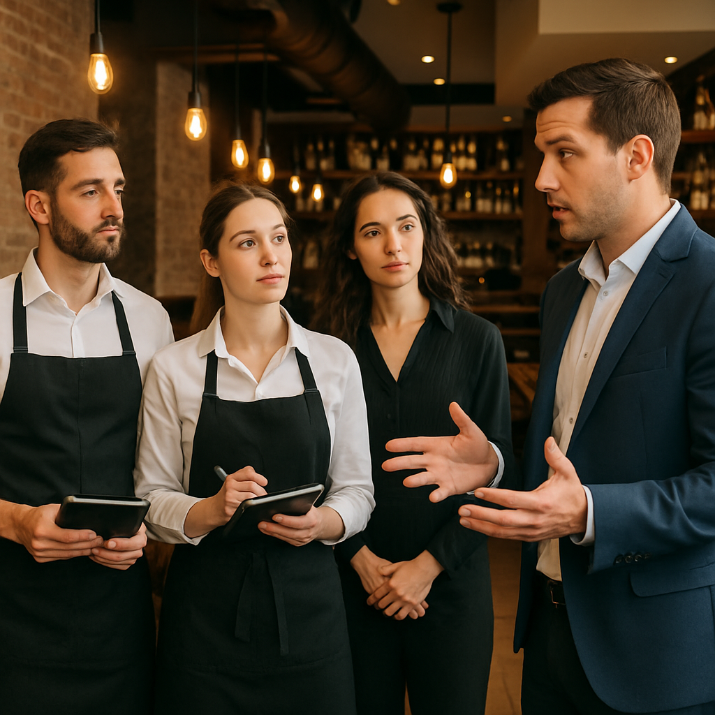 A restaurant setting and a manager or owner is coaching and training wait staff servers and hostess on how to upsell