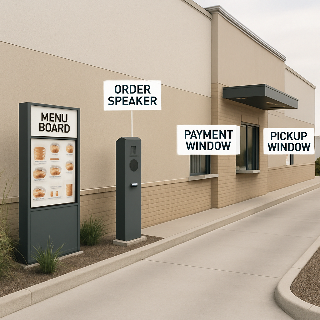 photographic Create a clean realistic drive thru workflow illustration showing the sequence of stations without focusing on a specific car Include lab-3