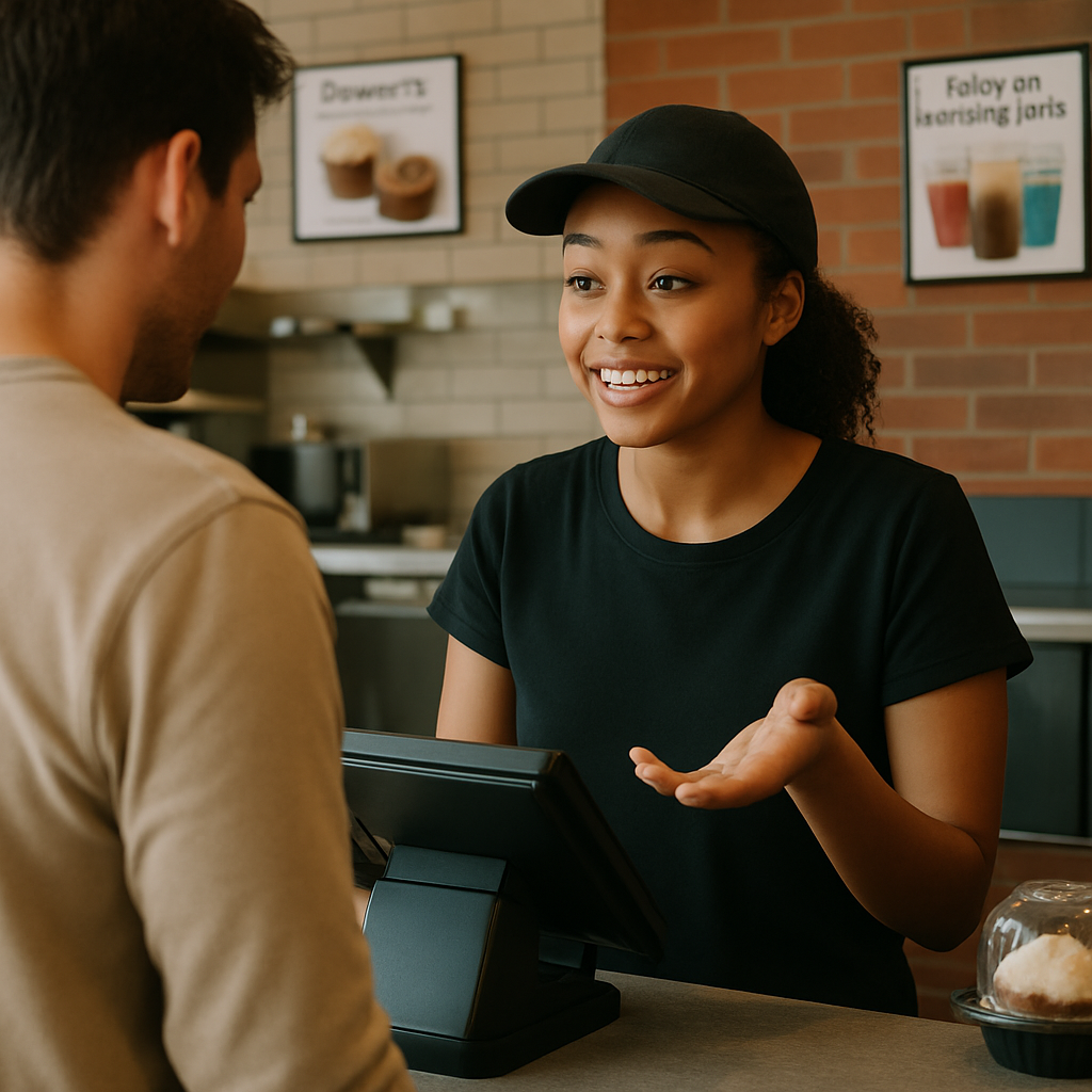 photographic Create a realistic quickservice restaurant scene focused on a cashier offering an addon suggestion in a natural friendly way Show a simpl-1