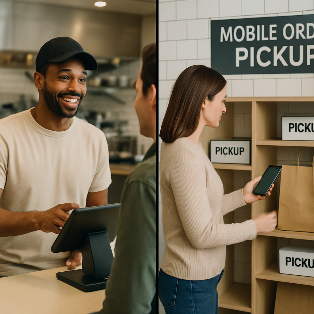 photographic Create a split screen restaurant scene On the left show a cashier at a modern quickservice counter interacting with a guest in a friendly