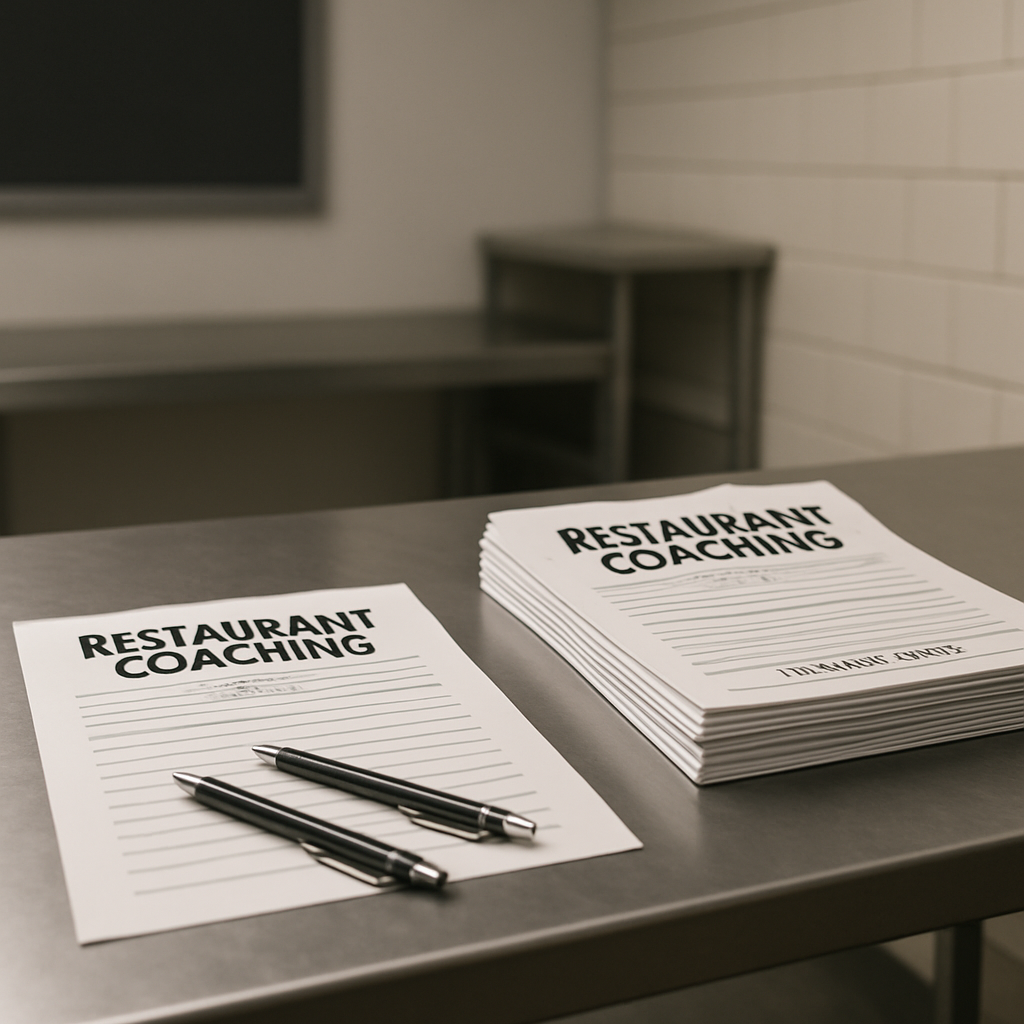 photographic Generate a wide panoramic banner scene that represents restaurant coaching and team preparation without showing people Include elements l