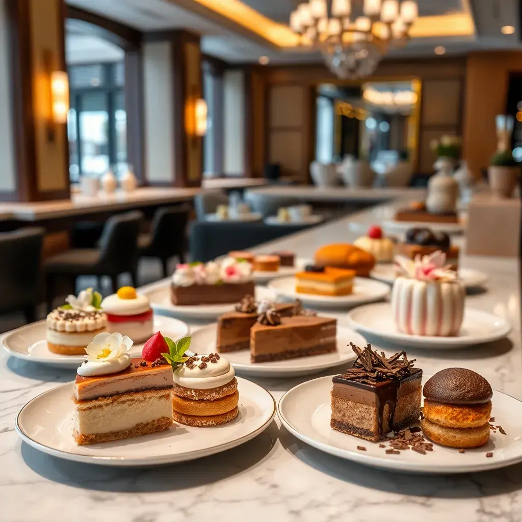 plated dishes lined consistently on a restaurant pass option desserts